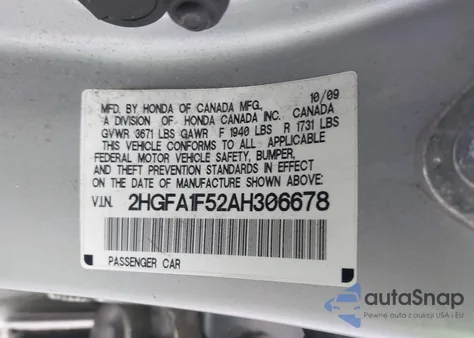 2010 Honda Civic Lx z USA, uszkodzony, nr VIN 2HGFA1F52AH306678